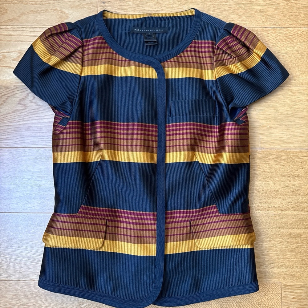 Marc by Marc Jacobs 100% Silk Gold/Navy Striped Women's Jacket Size 0